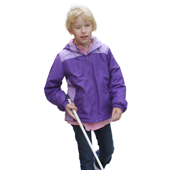A young blind girl walks confidently with her long white cane.